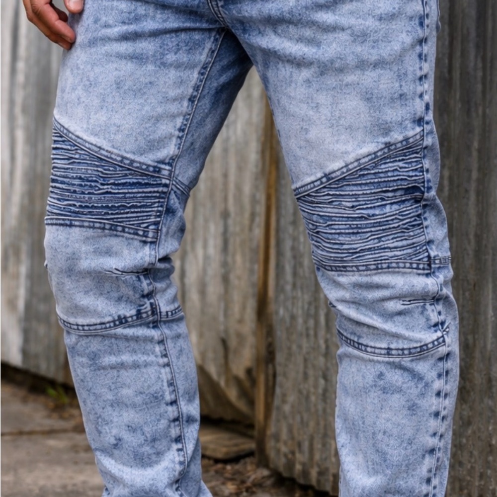 LR Scoop Acid Wash Moto Biker Jeans Men’s Slim‎ Fit Blue Denim 30x30 Streetwear